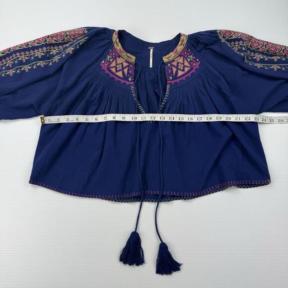 Free People Cherry Bomb Embroidered Peasant Blouse Navy Blue Pink Boho Top S - Picture 10 of 10